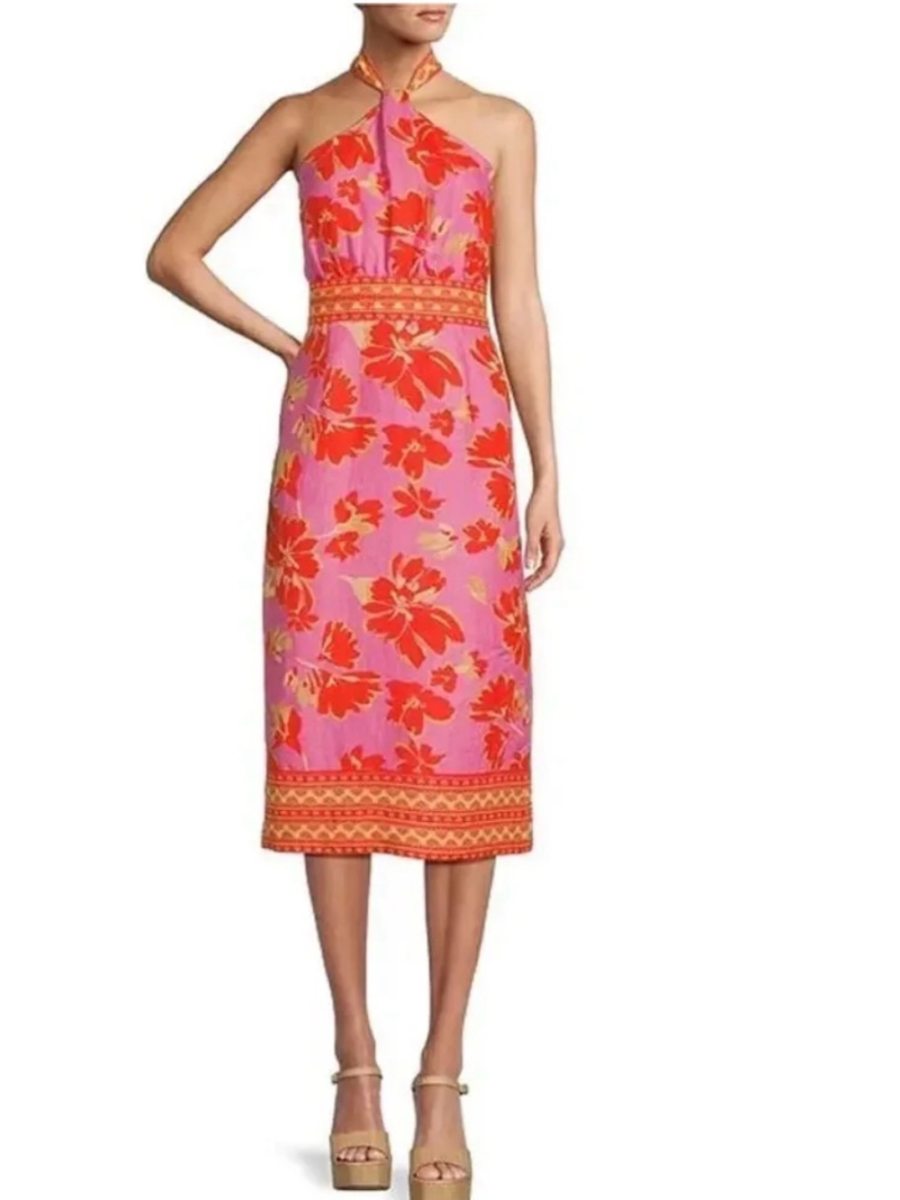 ANTONIO MELANI Pink Halter Midi Dress with Orange Floral Print
